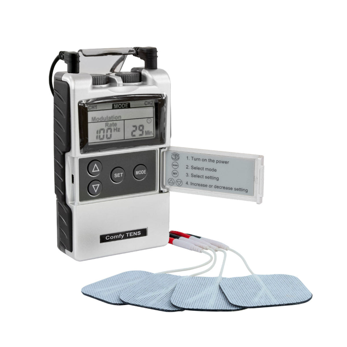 Comfy TENS digital unit with lead wires and four electrode pads