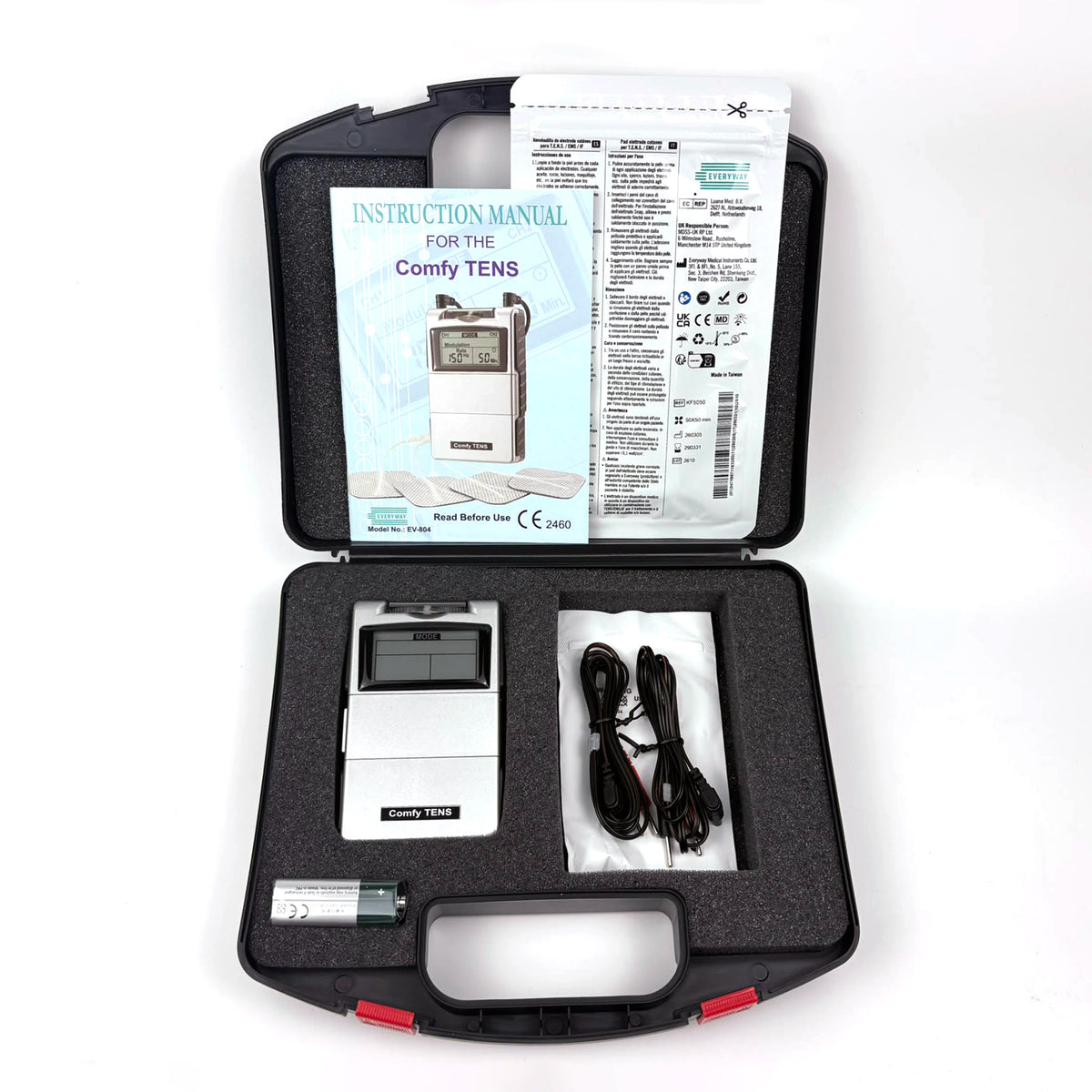 Open Comfy TENS kit with device, lead wires, battery, electrode pads and instruction manual