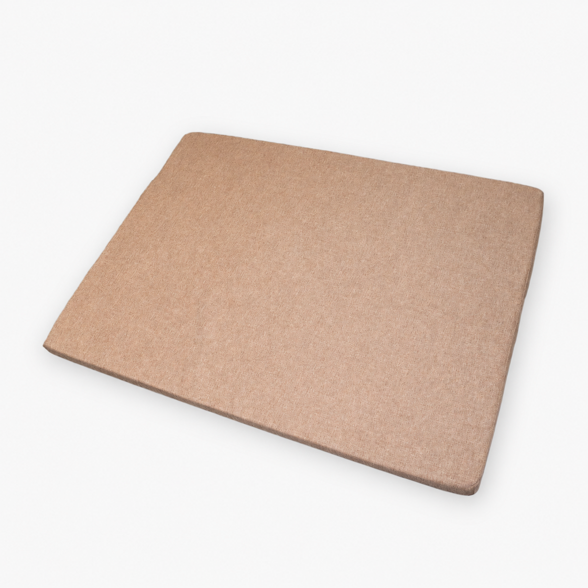 Low-profile orthopedic memory foam dog bed with brown cover, angled view