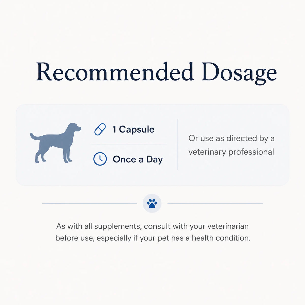 Recommended dosage for dogs: 1 capsule once a day or as directed by a veterinary professional
